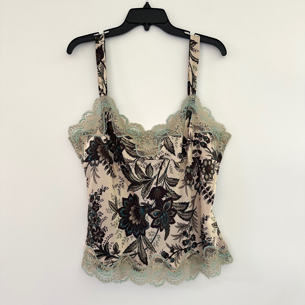 Vintage y2k 100% Silk Babydoll Top Size 16 Floral Lace Trim Fairy Grunge Whimsy